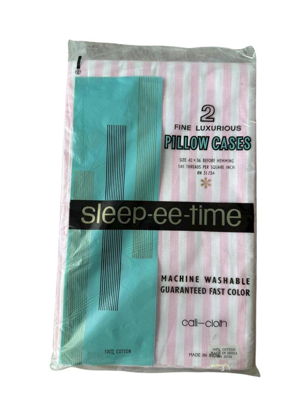 Vintage 1970s Cotton Pillowcases, Sleep-ee-time, Pink and White Stripe, NOS